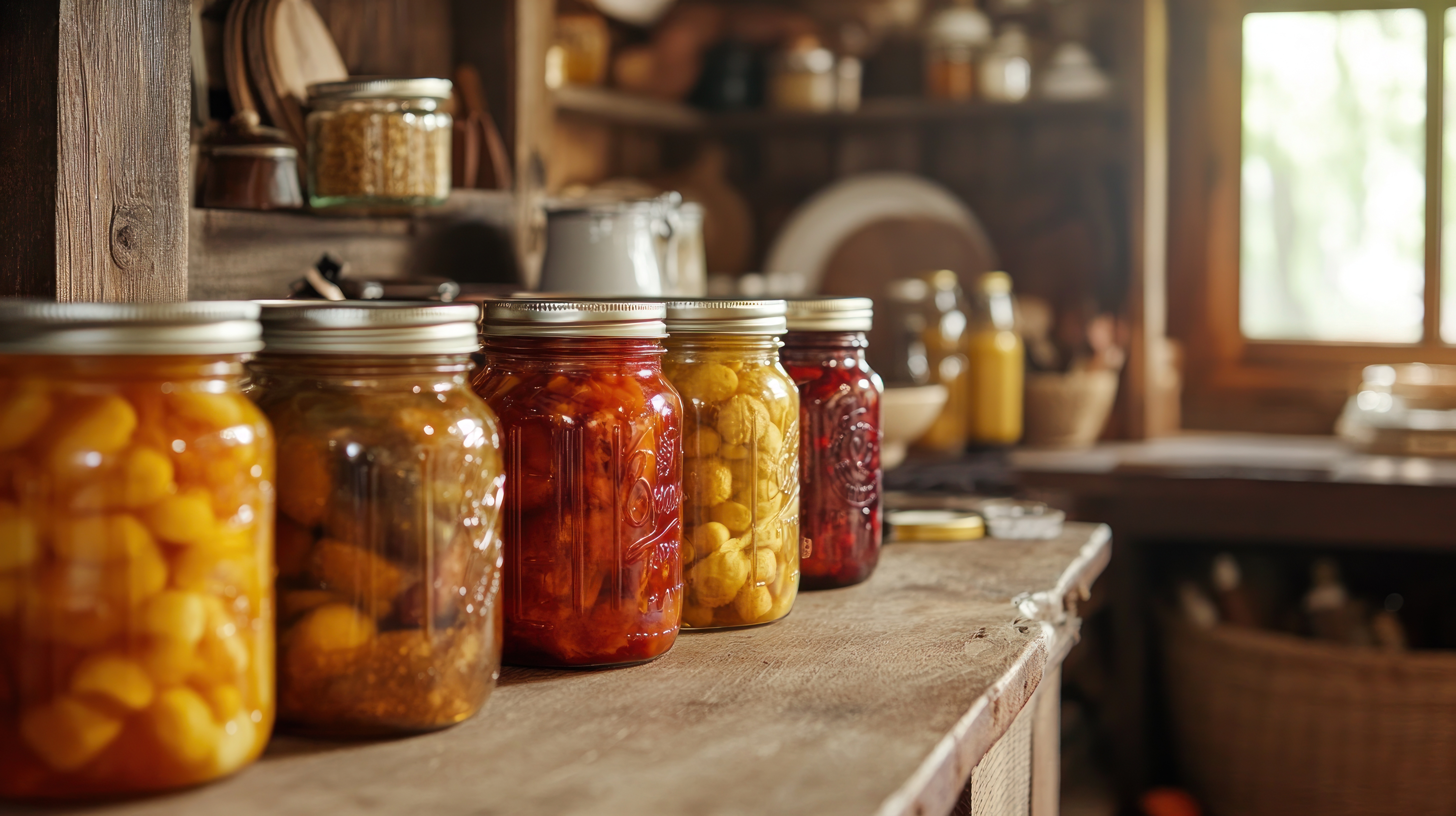 Vegetables that have been canned sitting on kitchen shelf