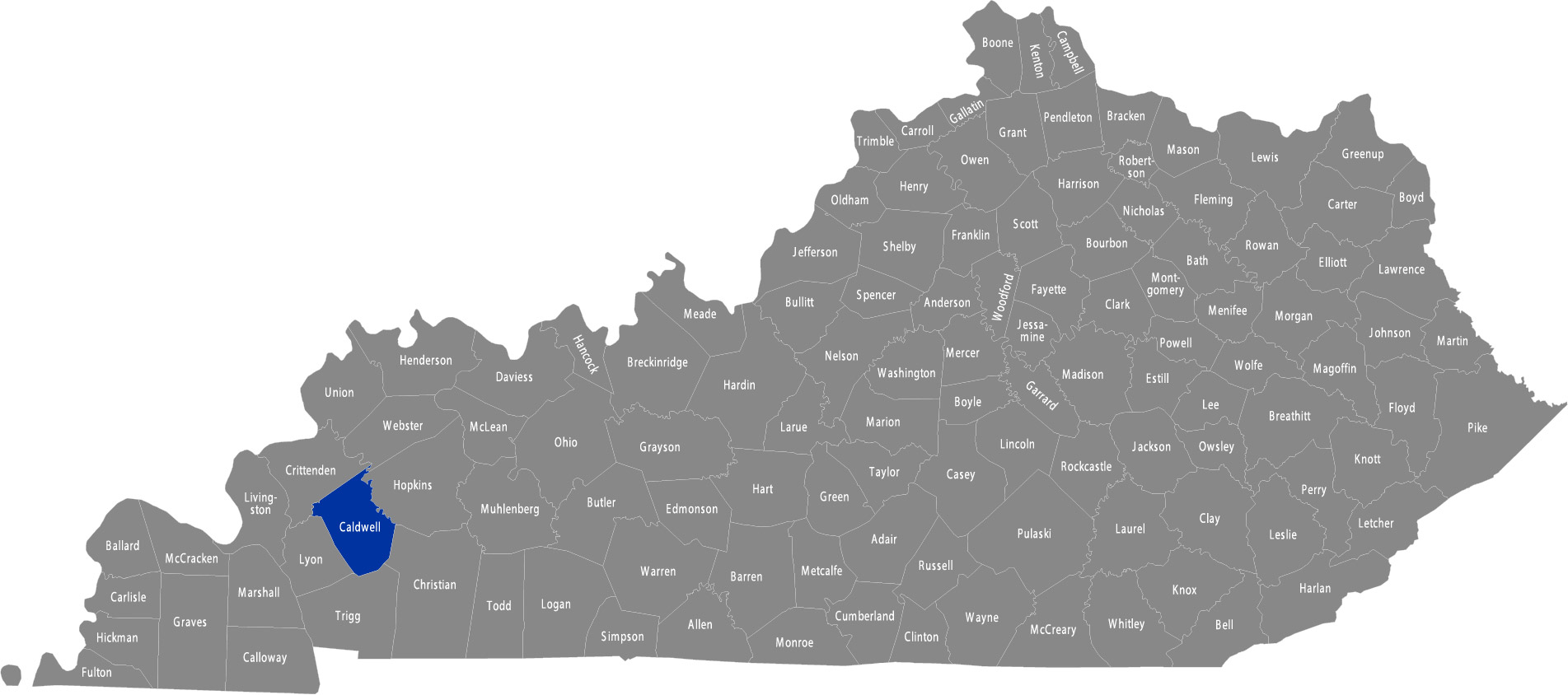 State of Kentucky map with Caldwell County highlighted