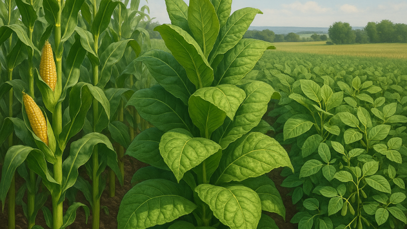 corn stalks, tobacco green leaves, and soybean green plants 