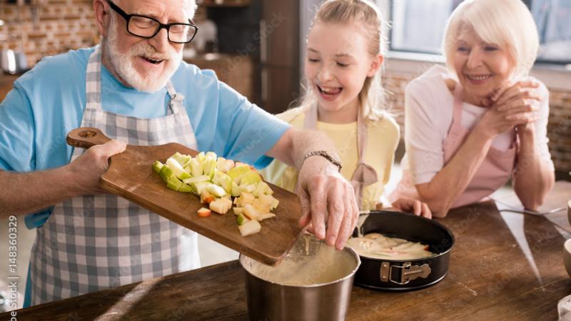 Grandparents cooking with grandkids