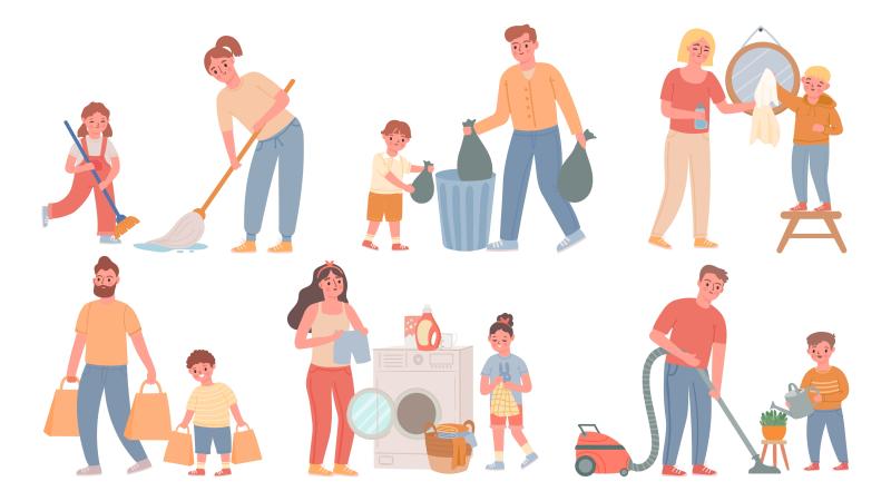 Kids learning house cleaning skills