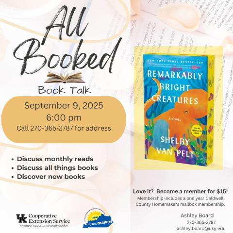 All Booked Book Talk Club Meeting September 9 at 6 pm 
